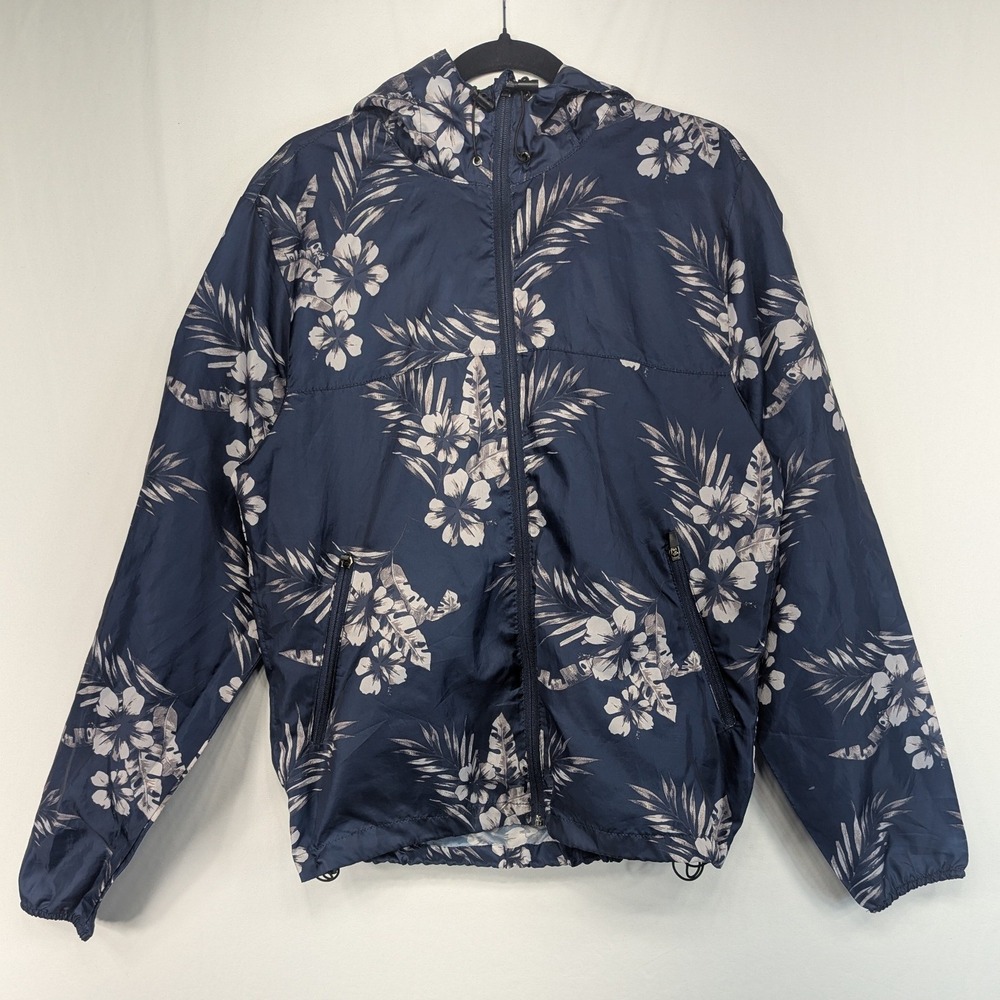 Sunrise Kingdom Mens Medium Navy Blue Tropical Floral Hoodedβ Windbreaker Jacket